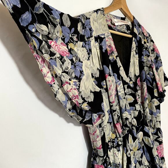 Richard Warren 100% silk floral ruffle vintage dress v-neck 10 flutter sleeve - Picture 4 of 7